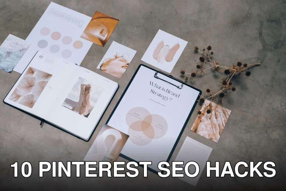 Flat lay of branding strategy materials with moodboard and color palette for creative design.
