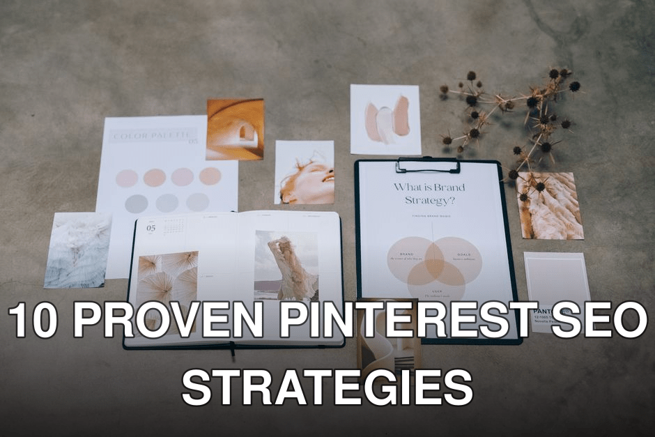 A flat lay of branding elements with color palettes and strategic planning documents on a concrete surface.