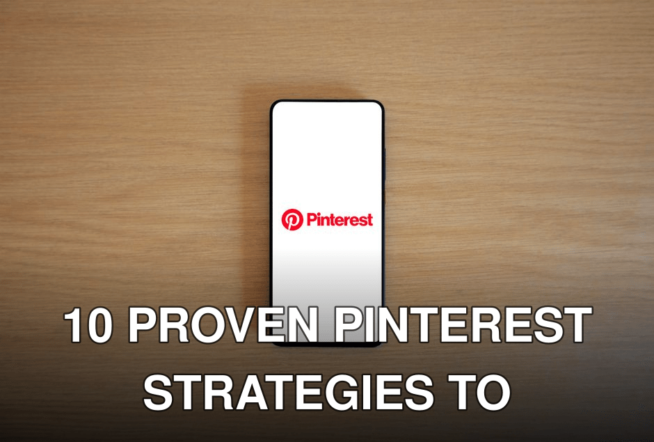 Smartphone with Pinterest logo on screen placed on a wooden surface, minimalistic tech concept.