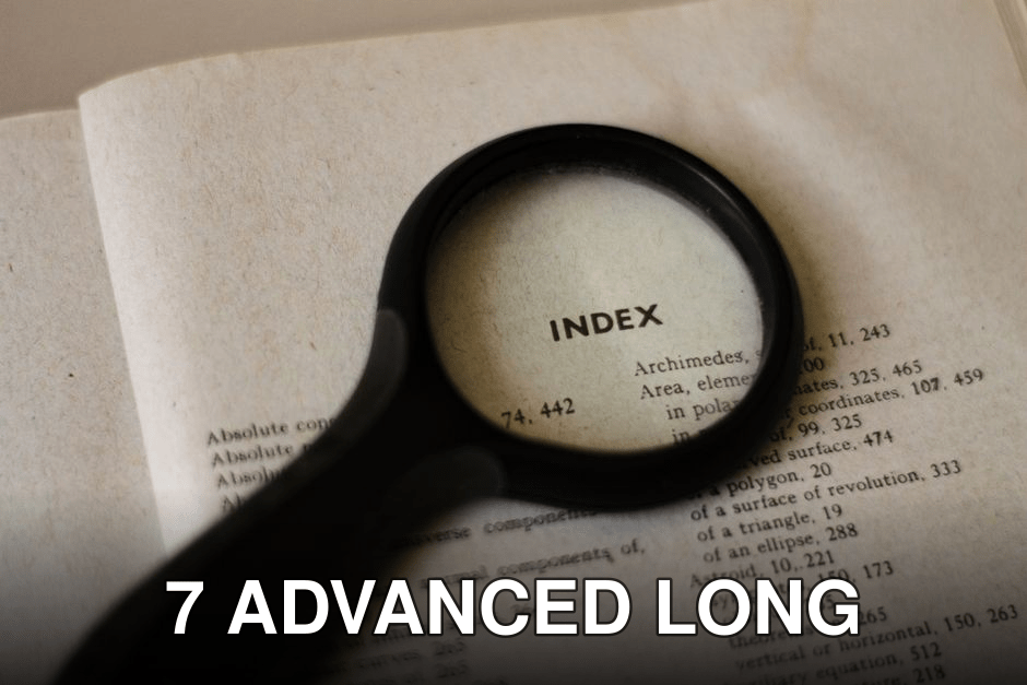 Magnifying glass emphasizing the index of a book, symbolizing research and focus.