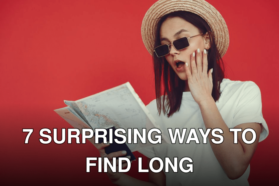 Surprised young woman with long dark hair in stylish sunglasses looking at map and touching face while checking travel route on red background