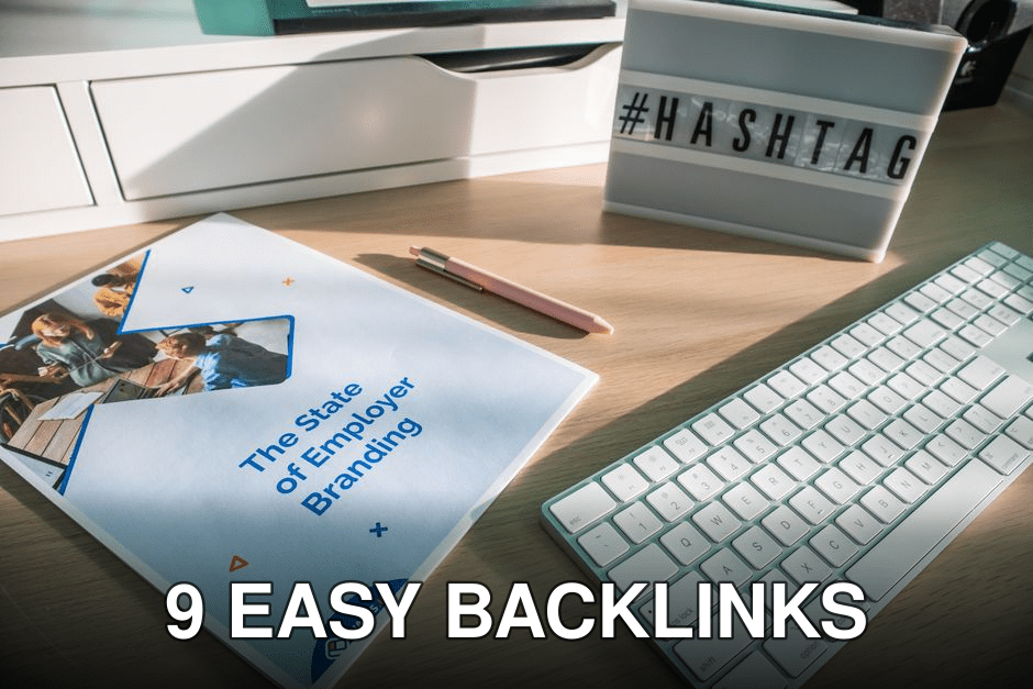 A contemporary workspace with a branding report and hashtag sign highlighting employer branding.