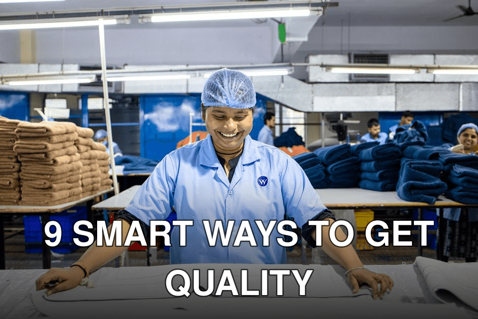 A cheerful worker organizes textiles in a brightly lit factory, showcasing industrial efficiency.