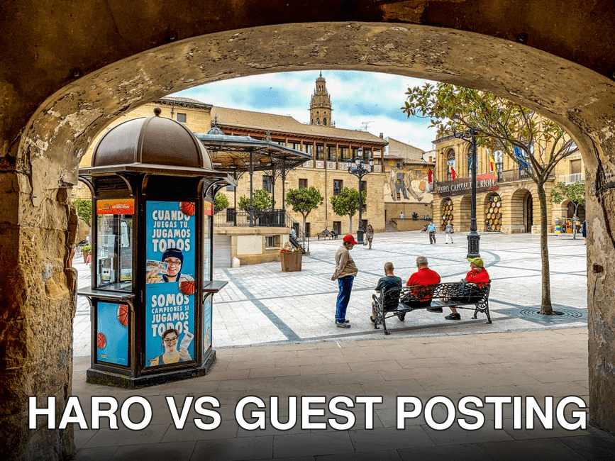 Charming view of a plaza in Haro, La Rioja, showing local architecture and people enjoying a sunny day.