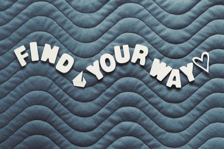 Motivational quote 'Find Your Way' on wave pattern background with heart icon.