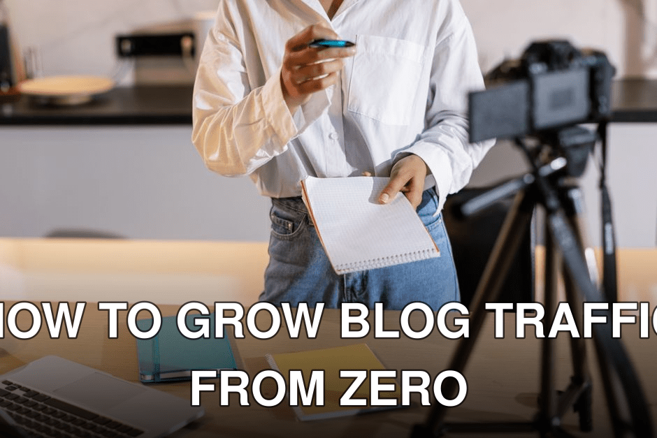 Vlogger recording content with a camera, holding notes and using a laptop in a modern setting.