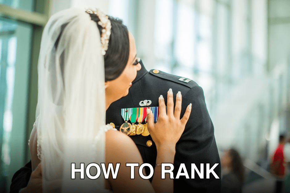 A bride and groom sharing a moment, with military uniform and medals highlighted indoors.
