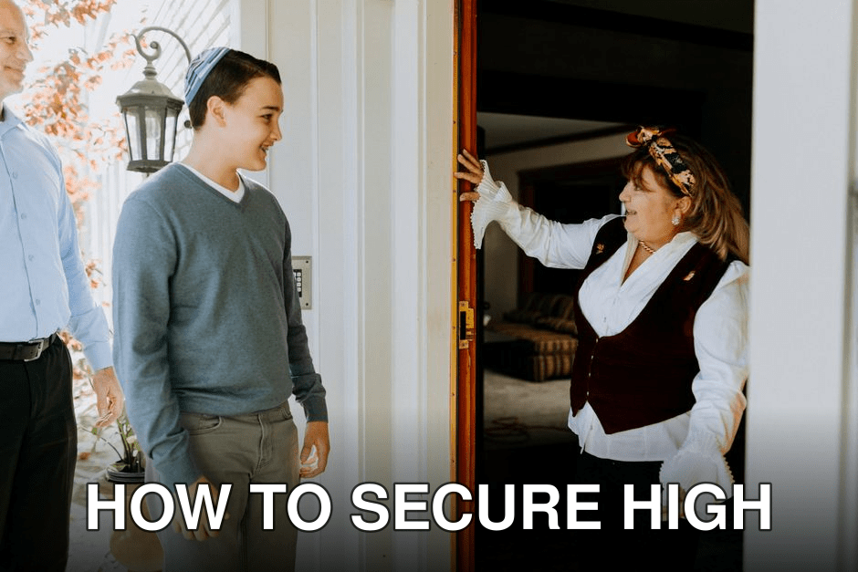 A welcoming scene of family members greeting guests for a Jewish holiday celebration.
