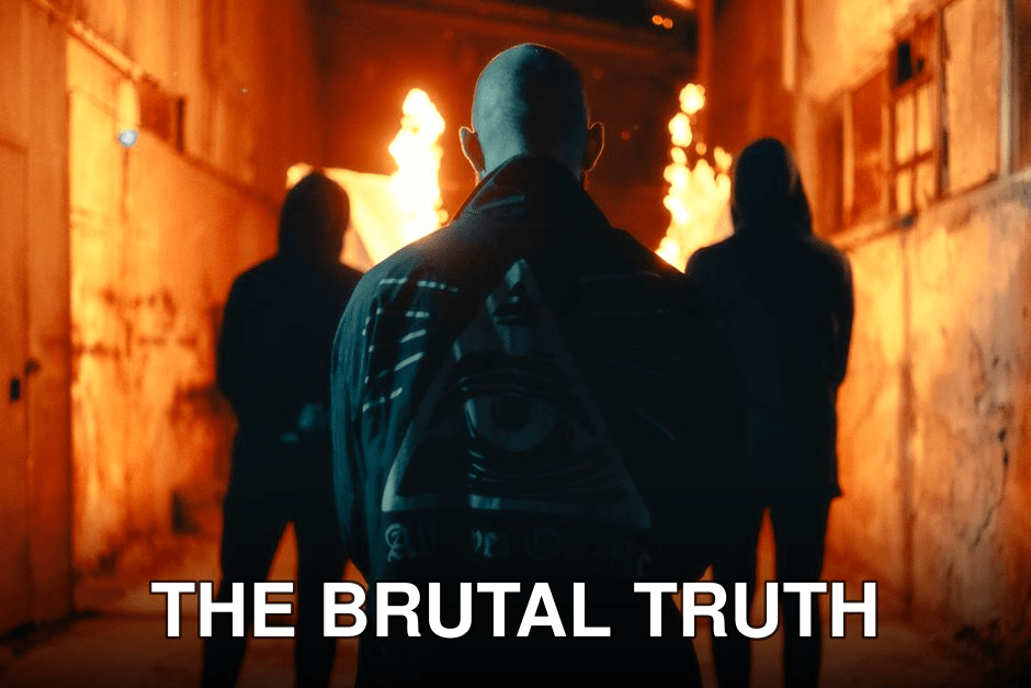 Three mysterious figures stand in an alley with dramatic flames lighting up the night.