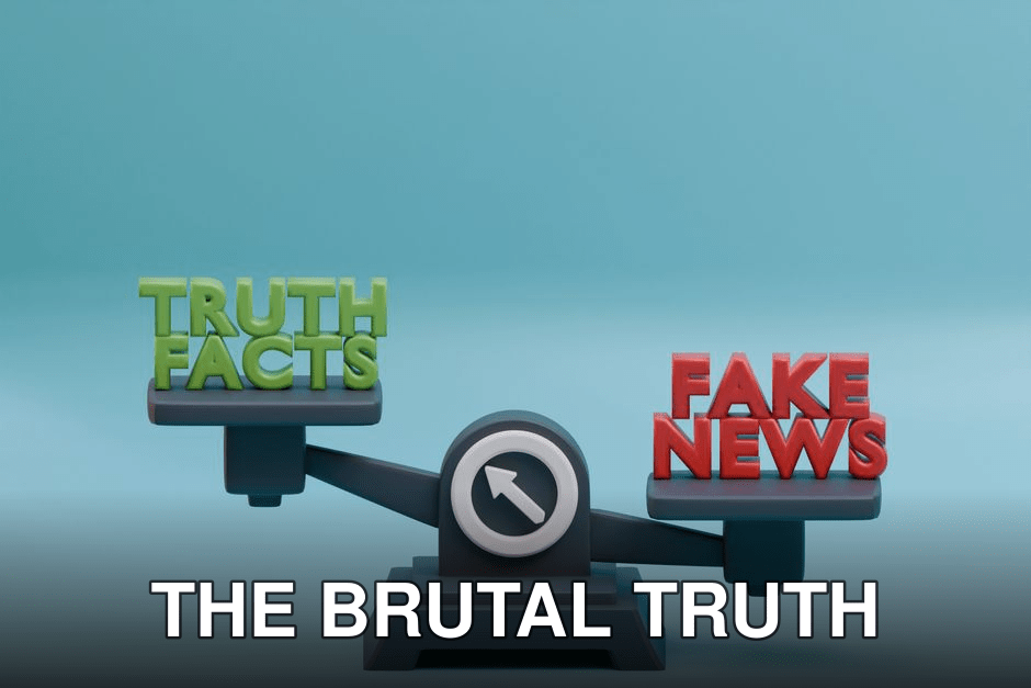 3D illustration of a scale balancing truth and fake news concept against a blue background.