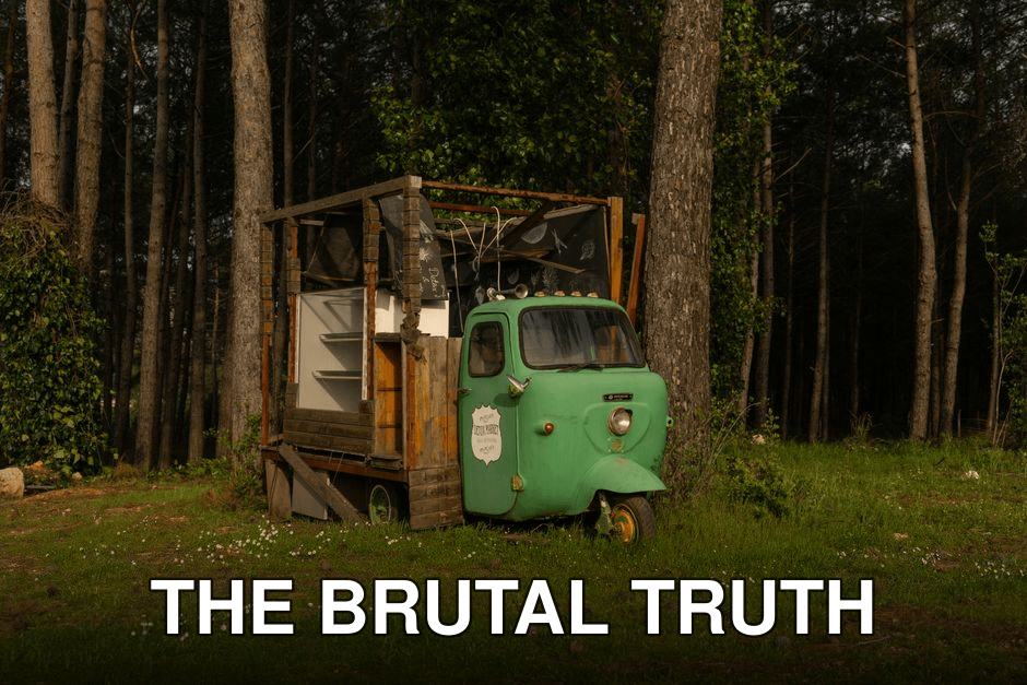 Vintage green truck converted into a rustic shelter in a lush forest environment.