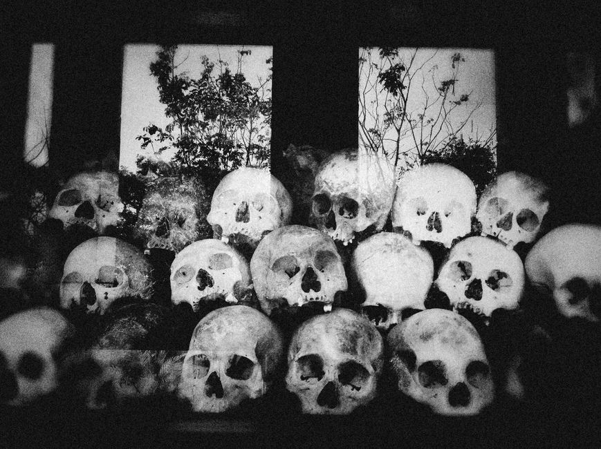 Chilling monochrome image of skulls from Cambodia's past in Phnom Penh.