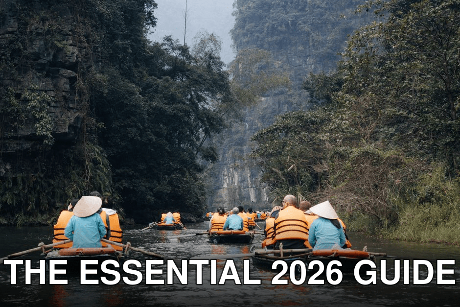 Experience the serene beauty of Ninh Binh, Vietnam with a peaceful boat tour through lush landscapes.