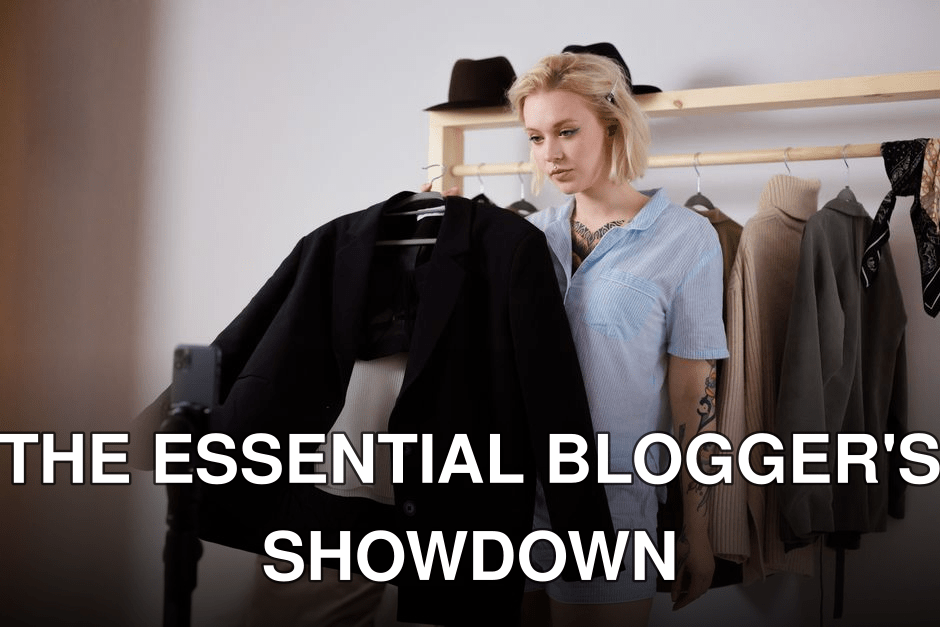 A young woman fashion blogger presents clothing while recording a video indoors.