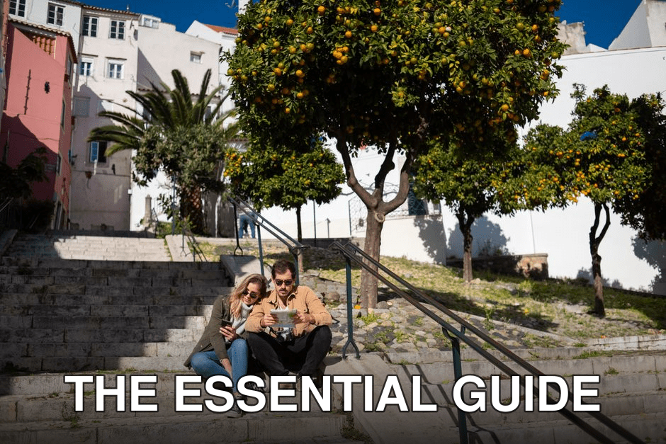 Couple sitting on steps with a map, surrounded by vibrant orange trees in a sunny urban setting.