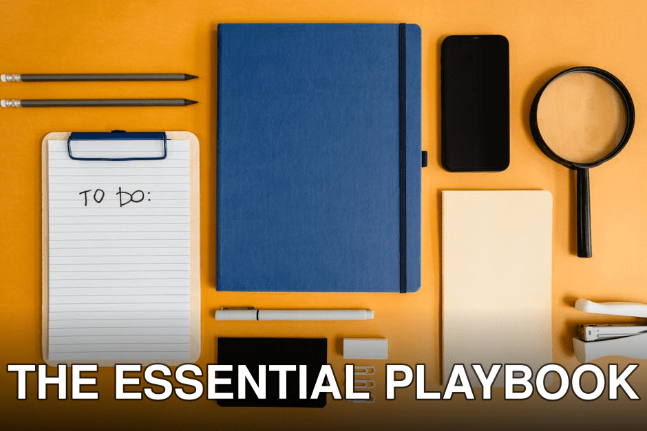 A top view of office stationery including a notebook, to-do list, and magnifying glass arranged on a yellow background.