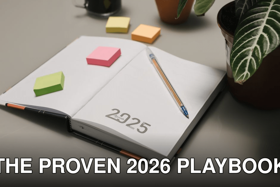Open planner for 2025 with colorful sticky notes and plants on a desk.