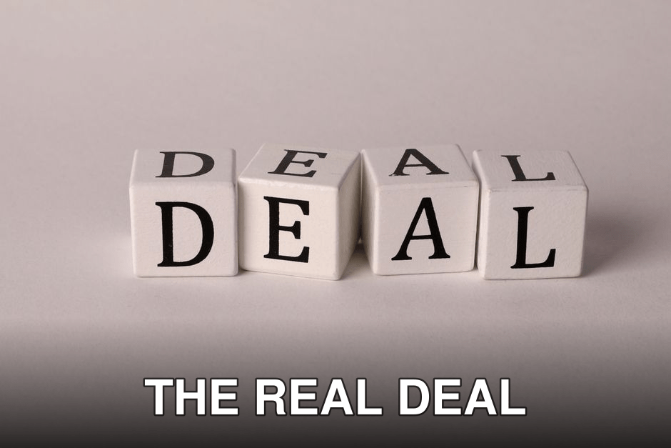Close-up of white cubes with black letters spelling DEAL on a plain background.