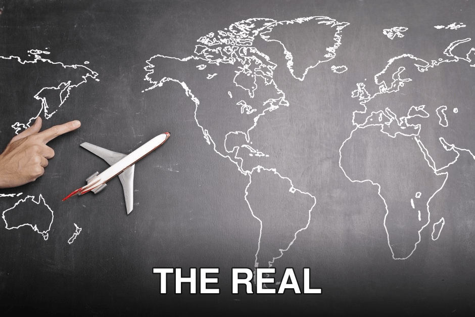 Top view of miniature airplane placed on over gray world map with crop hand of anonymous person indicating direction representing travel concept