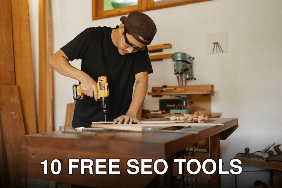 Focused man in cap standing near workbench and drilling hole in plank while repairing wooden detail