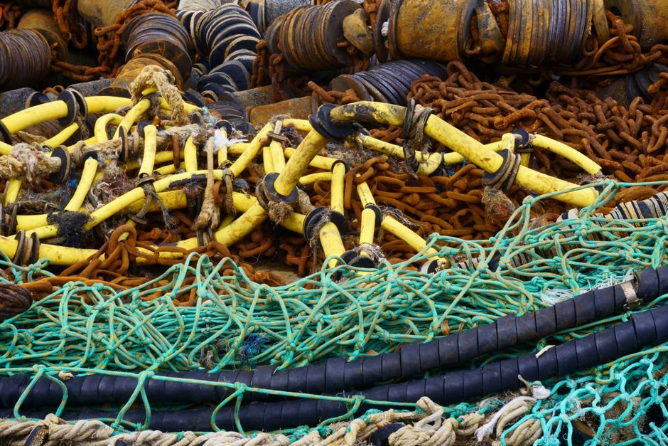 A tangled assortment of fishing nets and ropes in Oostende harbor, Belgium.