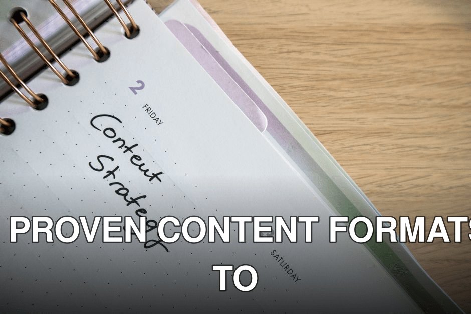 Top view of a notebook open to a day planner featuring 'Content Strategy' handwritten, lying on a wooden desk.