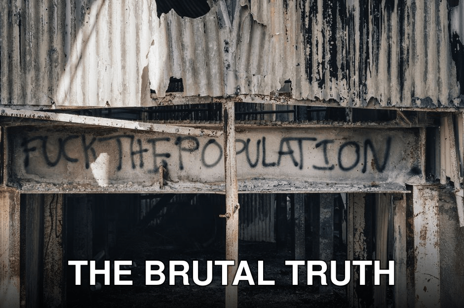 Graffiti on an abandoned, rusty structure conveying urban decay and rebellion.