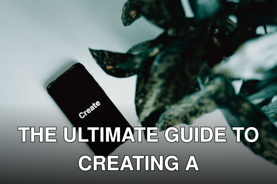 Minimalist photo of a smartphone displaying 'Create' next to green leaves on a white background.