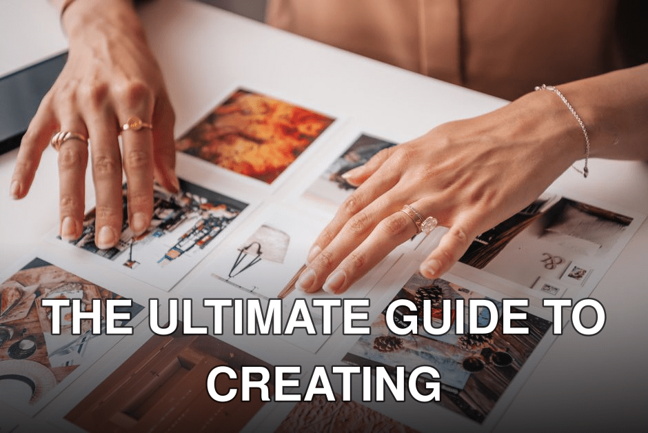Hands arranging photo prints on a table, showcasing creativity and organization in content creation.
